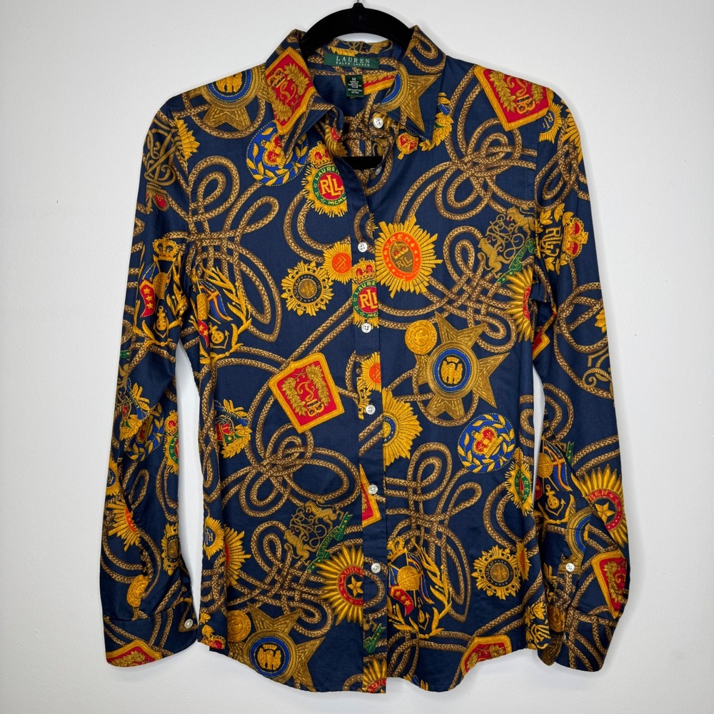 Lauren Ralph Lauren Navy Button-Down Shirt with Gold Heraldic Rope Print
